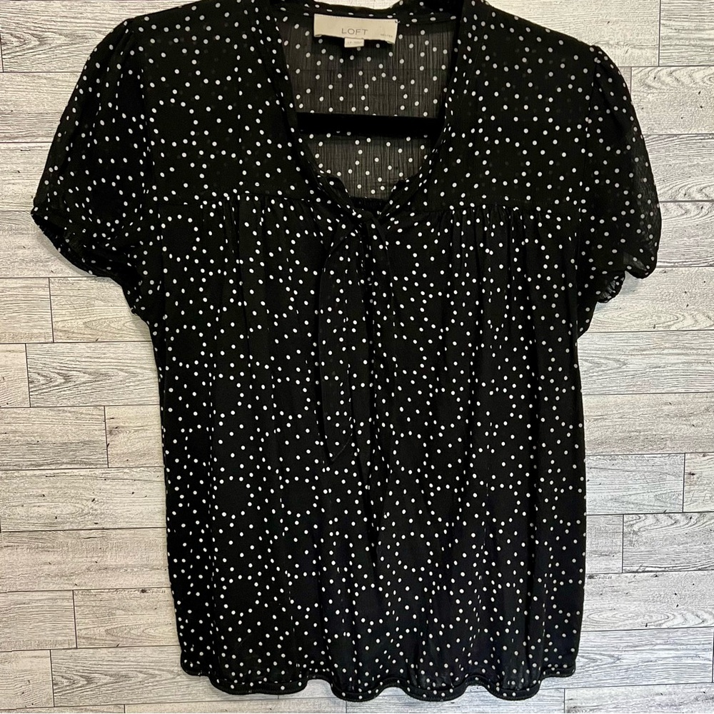 Loft Blouse V-neck Short Sleeve /Black & White Size Lg-P /Elastic Hemline /‎ EUC